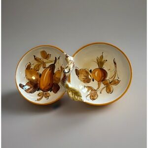 VTG Italian Hand Painted Double Bowl Dish Fruit Motif Figural Handle Italy 10"